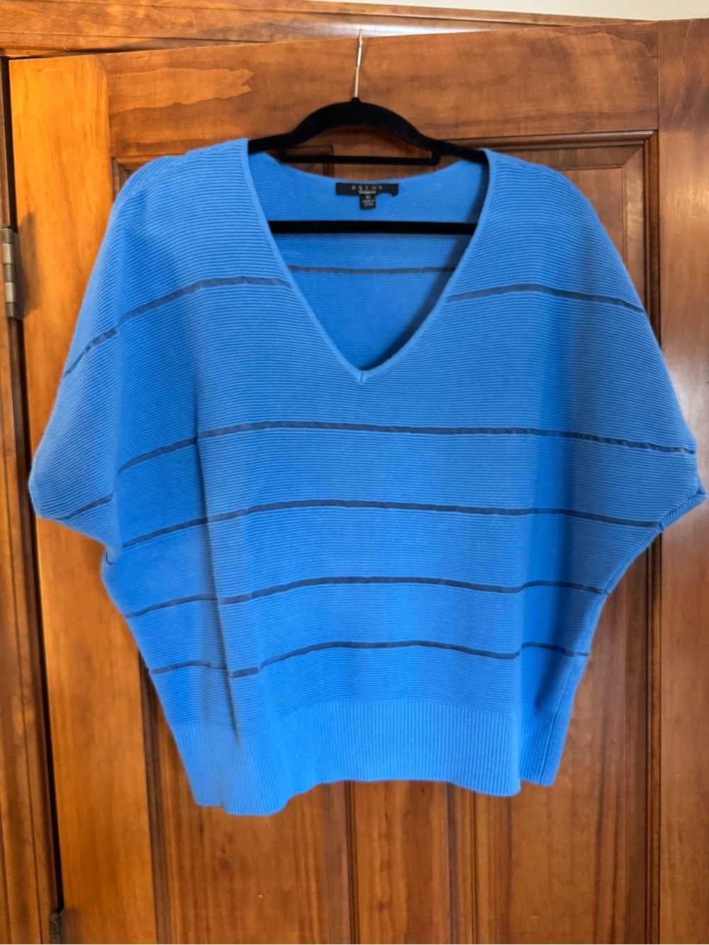 Cyrus Woman Sz 1X V-Neck Boxy Sweater in Bright Blue with Sheer Mesh Stripes